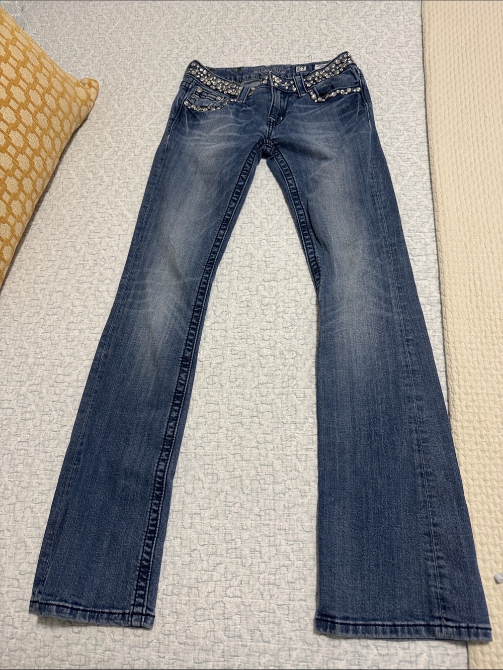 Miss Me Dark Blue Flare Jeans with Studded Waist